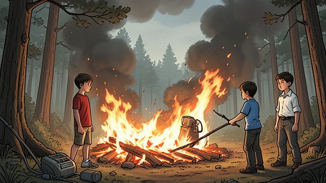 The Forest Burns from "Lord of the Flies". An Uncontrolled Beacon The boys use Piggy's spectacles to ignite their huge woodpile, which catches the nearby forest alight.