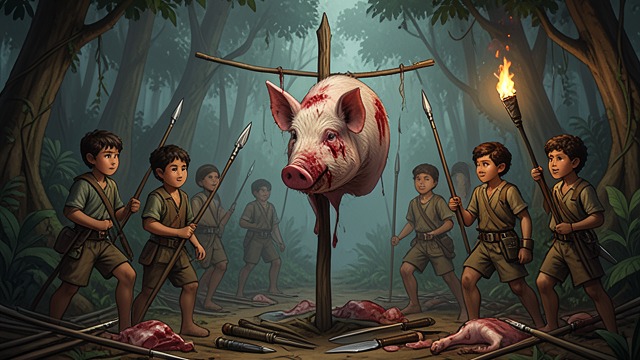 A Sow Is Killed from "Lord of the Flies". The Hunt's Cruel Fulfillment Jack Merridew's hunters chase down a nursing sow and kill it with spears and a knife.