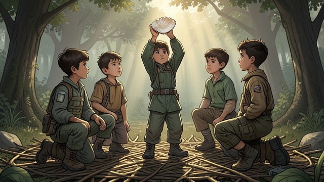 学生男孩制定规则,《蝇王》中的场景。重建秩序 拉尔夫确立了首领、集会,以及凭象征秩序的白色海螺壳取得发言权的规则。 公共生活的开端 男孩们把学校和成人社会的习惯带到了新的环境中。他们建立的秩序确实存在,但完全取决于他们是否愿意维护它。