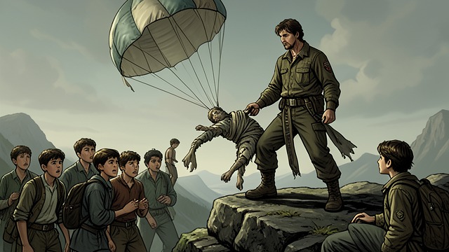 The Parachutist Freed from "Lord of the Flies". A Dangerous Discovery Simon reaches The mountain, identifies the supposed beast as a dead parachutist, and frees the tangled body.