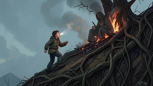 Fear of The Parachutist from "Lord of the Flies". A Shape in The Ashes Ralph climbs toward the apparent beast and sees a humanlike figure sitting motionless on the summit.