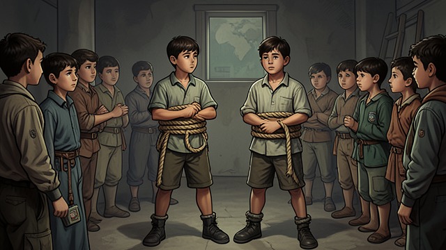 Taken by The Tribe from "Lord of the Flies". The Twins Are Captured Jack Merridew's followers bind Sam and Eric when Ralph's party demands the stolen spectacles at Castle Rock.