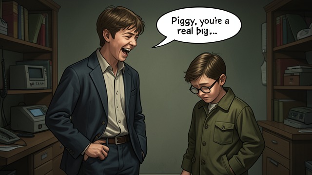 A Confidence Betrayed from "Lord of the Flies". A Private Name Repeated Piggy asks Ralph not to reveal his school nickname, but Ralph announces it to the others.