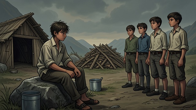 日常习惯逐渐消退,《蝇王》中的场景。安逸变成苦差事 男孩们不再维护住处和供水安排,他们的头发渐渐变长,衣服也越来越脏。 细小的放弃 秩序的丧失并非始于一场戏剧性的反叛,而是在被忽视的琐事,以及对那些曾经看似寻常的规范日渐淡漠中逐步累积。