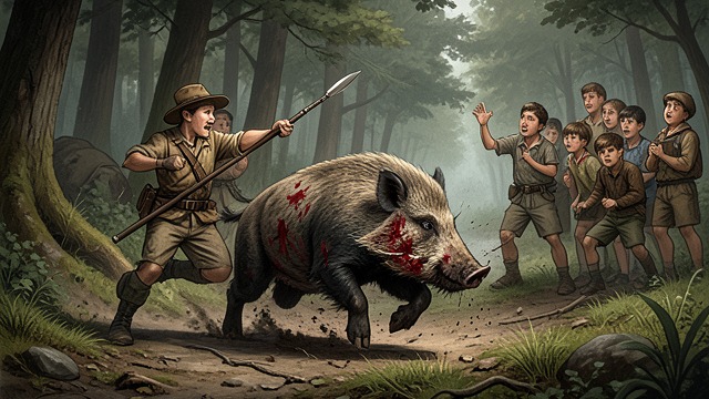 A Boar Wounded from "Lord of the Flies". Ralph Joins The Hunt A charging boar rushes along a track, and Ralph throws his spear, striking its snout.