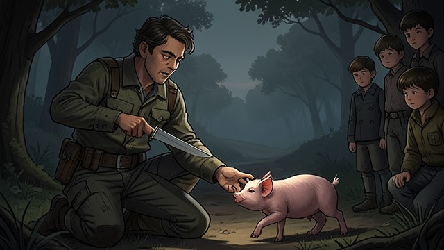 The Sow Escapes from "Lord of the Flies". A Knife Held Back Jack Merridew draws his knife against a trapped piglet, then lets it escape without striking.