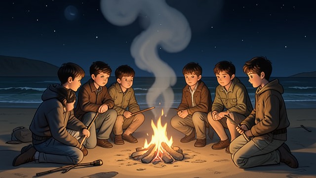 A Beachside Fire from "Lord of the Flies". A Compromise Near Camp Ralph and Piggy agree to build a smaller fire near The beach because fear makes the mountain seem unsafe.
