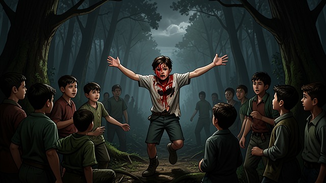 An Unheard Warning from "Lord of the Flies". The Truth Approaches Simon emerges from The forest, injured and exhausted, trying to tell the boys what he found on The mountain.