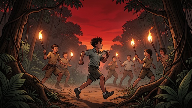 Fear on The Run from "Lord of the Flies". A Boy Hunted Ralph hides from Jack Merridew's tribe as the hunters use fire to drive him toward The beach.