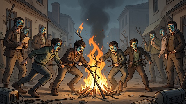 A Raid in Costume from "Lord of the Flies". Hunters Take The Embers Jack Merridew and painted followers rush Ralph's camp and steal burning branches while the others are distracted.