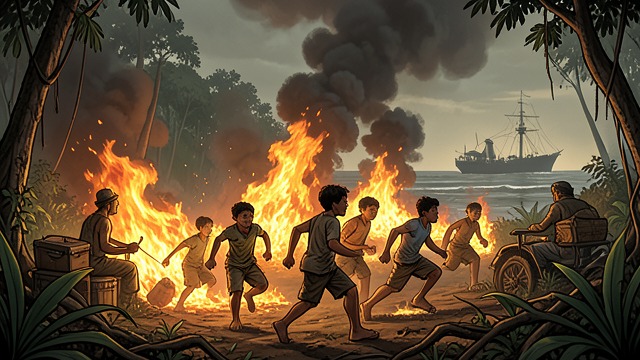 Rescue by A Hunting Fire from "Lord of the Flies". A Cruel Irony The hunters create an enormous blaze to catch Ralph, and the smoke brings a naval officer to The island.