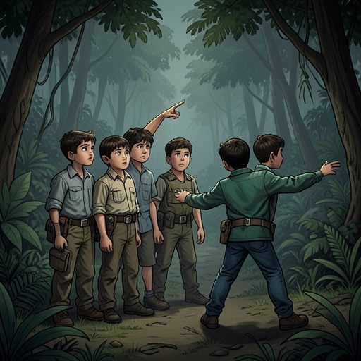 The Beast Rumor from "Lord of the Flies". This flow traces how an uncertain childhood fear grows into a shared explanation that governs the boys' choices.