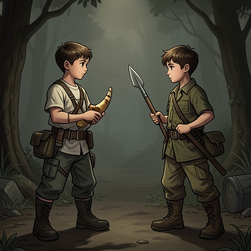 Ralph Against Jack Merridew from "Lord of the Flies". This flow traces the rivalry between elected order and hunting authority as it escalates into open violence.