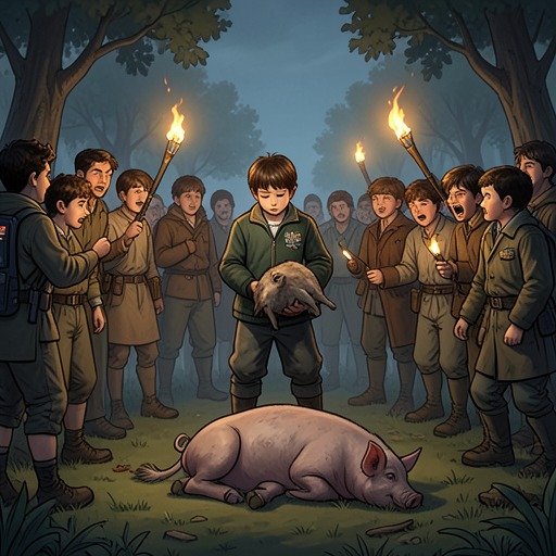 Simon the Truth-Seeker from "Lord of the Flies". This flow follows Simon's quiet care, solitary insight, discovery of the truth, and death at the hands of the frightened crowd.