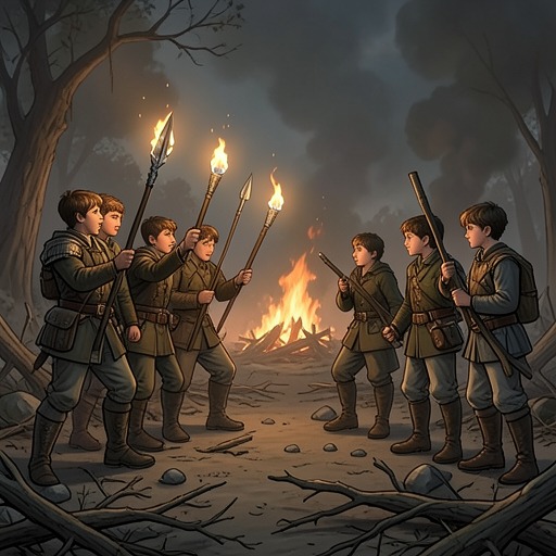 The Camp Raid and Counterattack from "Lord of the Flies". This flow traces the struggle over fire, spectacles, and security as the rival groups move from theft to a lethal confrontation.