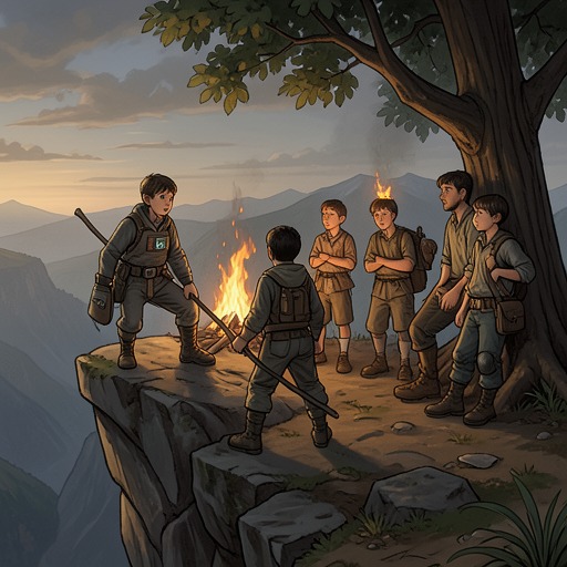 The Rescue Plan Versus Immediate Desire from "Lord of the Flies". This flow traces the repeated conflict between long-term rescue work and the immediate rewards of hunting, comfort, and excitement.
