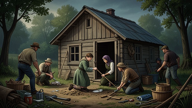 A New Homestead from "The Peasants". A New Homestead Work and mutual aid Szymek and Nastusia establish a small home on land at Podlesie. Neighbours help them with labor and supplies.