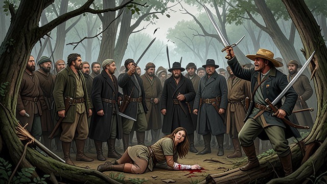 Battle in the Clearing from "The Peasants". Battle in the Clearing Violence erupts The villagers drive out loggers, then clash with the manor’s armed workers and the Rzepki woodcutters.