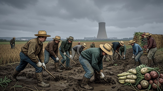 Harvest as Usual from "Voices from Chernobyl". Harvest as Usual Plans Continue Agricultural work carried on in contaminated areas, with fields planted and produce collected.