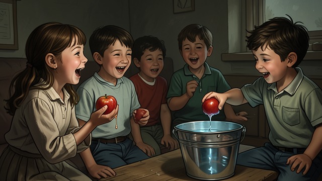 Party Apples from "Hallowe'en Party". A Familiar Fruit Comic Entrance At the preparations for the Woodleigh Common Hallowe’en party, apples first enter the story as practical party supplies.