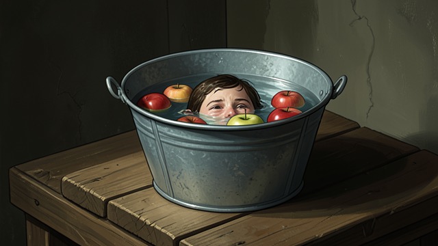The Galvanized Tub from "Hallowe'en Party". Apples in Water A Party Game The organizers debate which container should hold the water for apple bobbing.