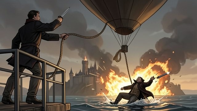 The Balloon Escape from "You Only Live Twice". The Balloon Escape A desperate leap With the terrace ending above a sheer drop, Bond notices the tether of the warning balloon.