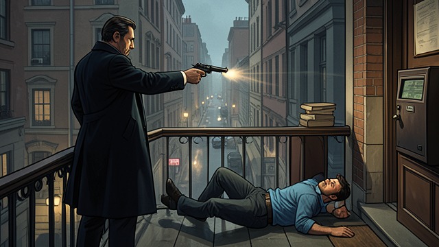 A Balcony Shooting from "The Shape of Water". A Balcony Shooting Crisis Returns Contino fires from his balcony at people below, shouting incoherently.