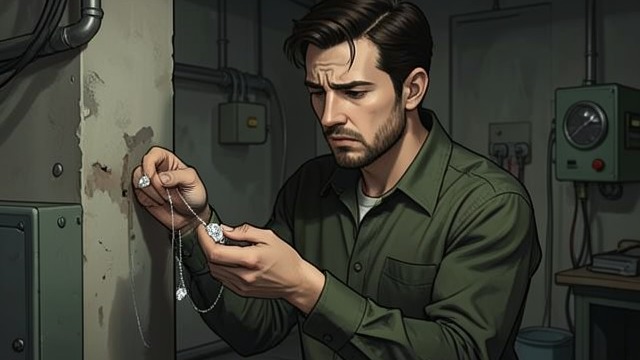 A Glittering Find from "The Shape of Water". A Glittering Find Discovery Saro finds a diamond heart necklace near the factory wall and pockets it before thinking through the consequences.