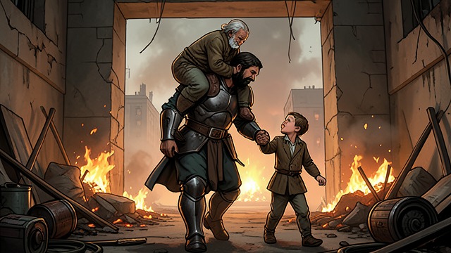 The Father’s Shoulders from "Aeneid". The Father’s Shoulders Physical Duty Aeneas carries Anchises from the burning city while guiding Ascanius by hand.