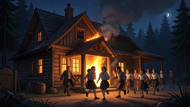 Fire and Flight from "Another". The Lodge Ignites Murder Becomes Arson Mieko Numata sets fire to the kitchen after attacking her husband and students.