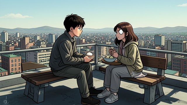 Roofside Companionship from "Another". Solitude Shared Lunch Above School Koichi Sakakibara and Mei Misaki eat together on the roof, exchanging small personal details about cooking, art, family, and…
