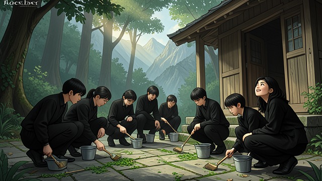 The Student Pilgrimage from "Another". Cleaning the Shrine A Collective Act The students climb the mountain, visit the neglected shrine, and clean it together.
