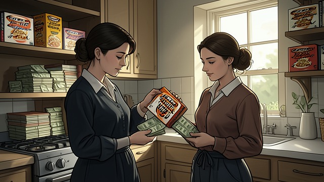 Cash in the Cereal from "Turtles All the Way Down". Cash in the Cereal Hidden wealth Davis Pickett shows Aza Holmes stacks of cash concealed in cereal boxes around the estate.