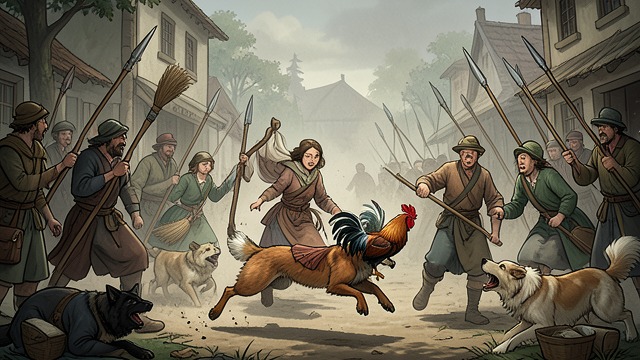 Village Pursuit from "The Canterbury Tales". Village Pursuit Collective Alarm The widow, her daughters, animals, and villagers pursue Russell with staves, dogs, horns, and shouting.