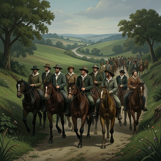 The Pilgrims’ Narrative Fellowship from "The Canterbury Tales". This flow traces how a mixed company forms a temporary community whose journey becomes an organized contest of stories.
