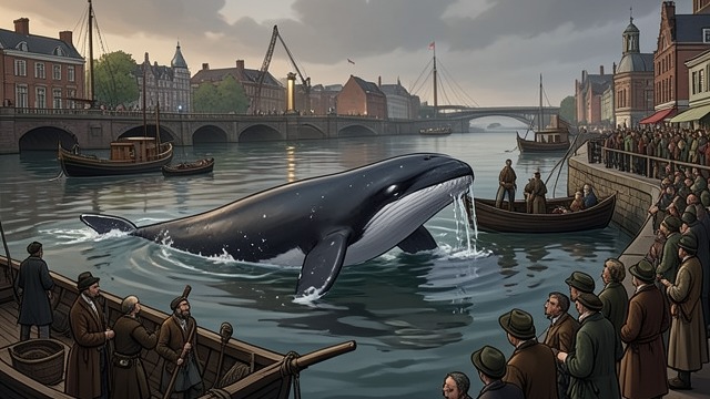 A Whale in the City from "The Whale". An Urban Visitor A river turned trap A northern bottlenose whale moves into the Thames, surrounded by vessels, crowds, and media attention.