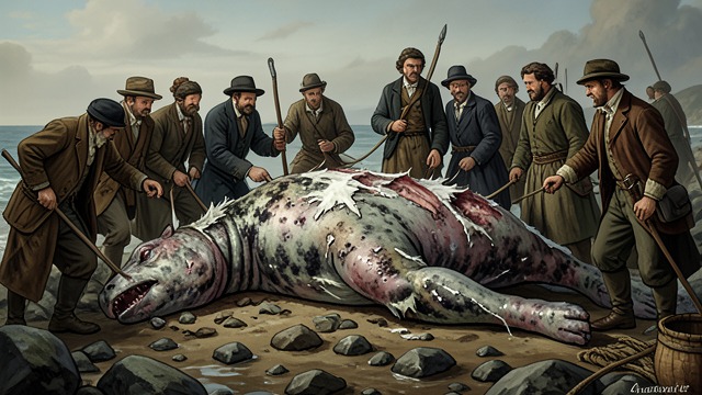 A Whale on the Shore from "The Whale". The Tunstall Stranding A huge arrival A dead sperm whale washes onto the beach at Tunstall, drawing crowds from the surrounding area.