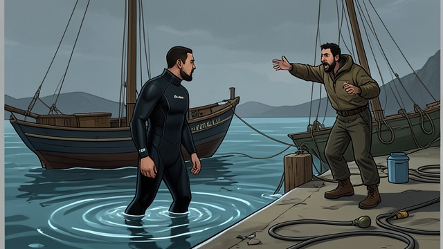 The First Command from "The Whale". An Unprepared Descent A sudden instruction João tells Hoare to enter the water before he can put on his wetsuit. The urgency leaves little time for hesitation.