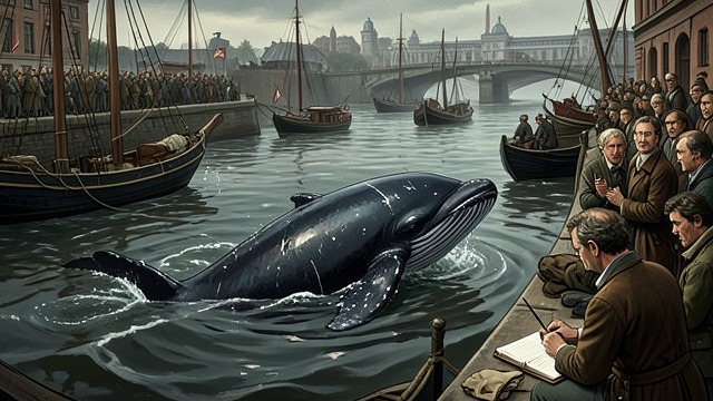 A Whale in the Thames from "The Whale". An Omen in the River A strange arrival A right whale enters the Thames and is killed after struggling near the shore.