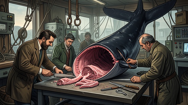 The Factory Ship from "The Whale". Industrial Rendering Whole-body processing Factory ships cut whales apart at sea and process their meat and oil in enormous quantities.