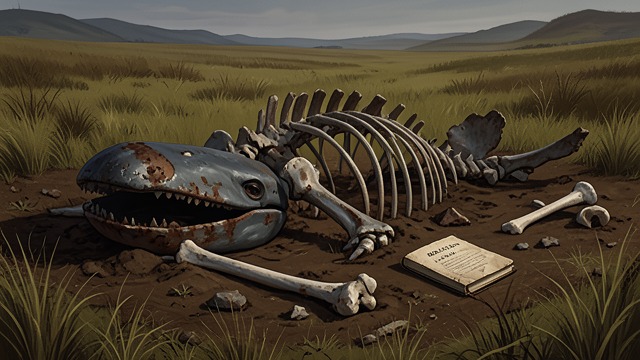 Neglect in the Grounds from "The Whale". Bones Dispersed A broken display The articulated skeleton is left in poor condition, moved among a field, a barn, and other neglected spaces.