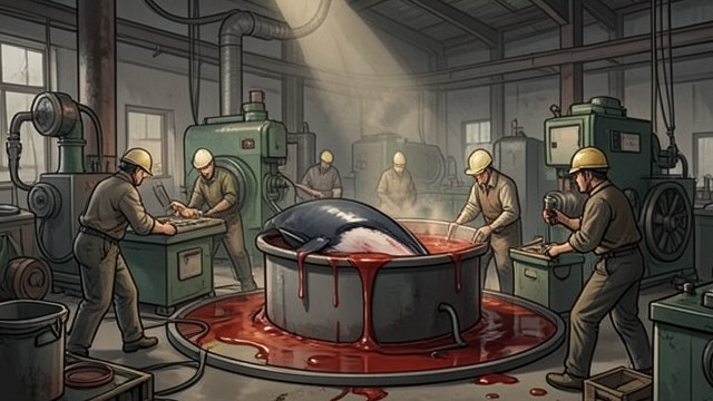 Industrial Processing from "The Whale". The Factory at São Roque A mechanized operation At the São Roque whaling factory, sperm whales are hauled from the sea and processed with modern machinery.