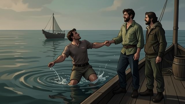 The Handshake Ashore from "The Whale". A Lucky Return Back aboard Marco hauls Hoare from the water, and João congratulates him.