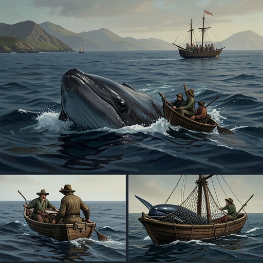The Chase and Its Changing Stakes from "The Whale". This flow traces the open-boat whale hunt from dangerous face-to-face confrontation to technologically unequal industrial slaughter and modern rescue.