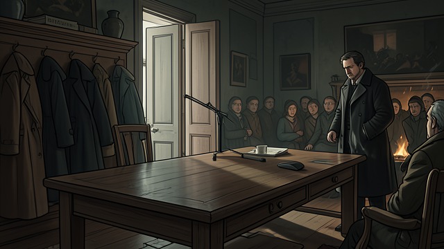 The Room Takes Sides from "The Lighthouse". The Argument Exposes the Community Witnesses at the Table Rupert Maycroft tries to moderate, while Guy and Jo Staveley and the other guests watch the dispute.