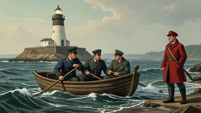 Three Germans Land from "The Lighthouse". A Dangerous Landing A Secret Expedition Three German officers arrive from the occupied Channel Islands in a small sailing boat.