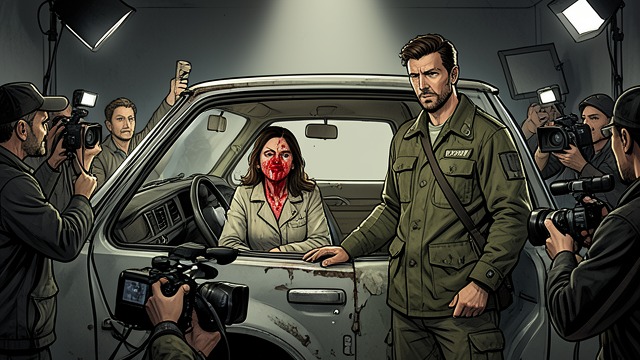 Celebrity Image from "Crash". Celebrity Image Transformation Elizabeth Taylor sits inside a wrecked car wearing simulated injuries while Seagrave is dressed as her double.