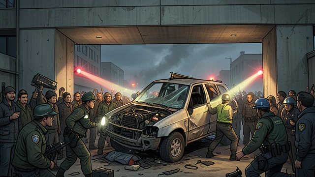 Accident Altar from "Crash". Accident Altar Gathering Spectators surround crushed vehicles while police and rescuers perform their procedures beneath the flyover.
