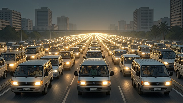 Traffic Congregation from "Crash". Traffic Congregation Assembly Thousands of drivers sit together in stalled lanes, enclosed by concrete and illuminated by headlamps.