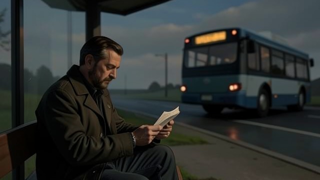 A Missed Bus from "The Lighthouse". Waiting at the Stop A hopeful plan Futh finds a timetable and plans to take a bus to Hellhaus, collect his car and continue to Utrecht to visit Carl.